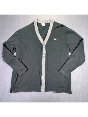 VTG Lacoste Cardigan Sweater Mens Sz7/XL Black/Gray Cotton Preppy EUC